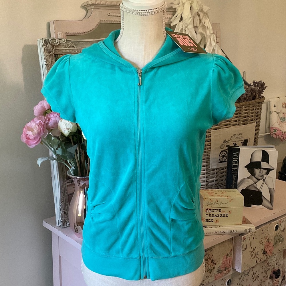 NWT ASO Y2K✨Vintage Juicy Couture USA🇺🇸 Bermuda Sky Velour Puff Hoodie Lg Rare